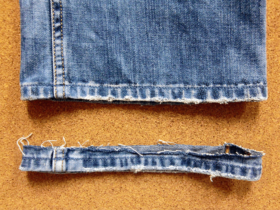 シングルステッチ、ダメージ加工の裾上げ・アタリ出し加工例